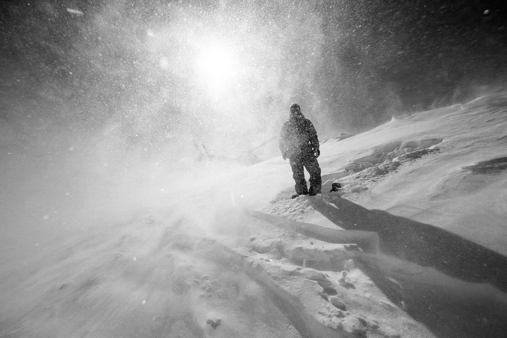 A rider backlit by the sun in a wall of blown snow